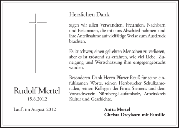 Traueranzeige von Rudolf Mertel von Pegnitz-Zeitung